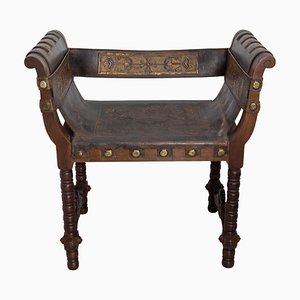 Mid-Century Spanish Curule Style Armchair in Cordovan Leather and Wood, 19th Century