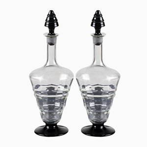 Bouteilles Art Déco en Verre avec Bouchon et Base Noirs, Italie, Set de 2
