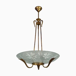 Art Deco Frosted Glass & Brass Chandelier, Sweden, 1930s