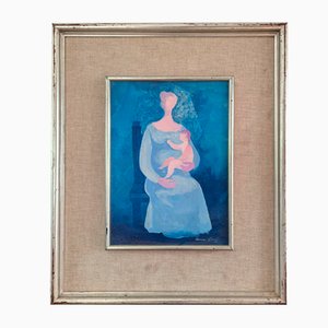 Embrace in Blue, 1950s, Oil Painting, Framed