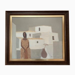 Por la repisa del balcón, años 50, pintura al óleo, enmarcado