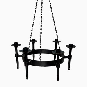 Vintage Brutalist Handmade Candle Chandelier in Wrought Iron from Boltze, 1970s