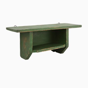 Small Rustic Green Wooden Wall Unit with 2 Shelves, France, 1880s