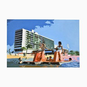 Carole Grandgirard, Playa con bicicletas acuáticas, 2024, óleo sobre lienzo