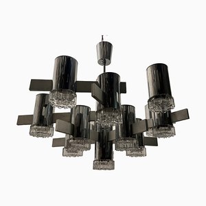 Large Mid-Century Italian Chrome Crystal Chandelier 15 Lights by Gaetano Sciolari, 1970s