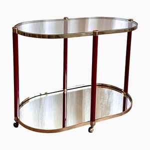 Mid-Century Oval Brass Maroon Bar Cart with Smoked Glass and Mirror, 1970s