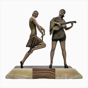 Enrique Molins-Balleste, Art Deco Sculpture of Dancer and Musician, 1920s, Metal on Marble Base