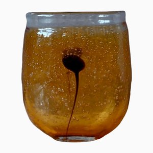 Vase en Verre Bullé Jaune avec Inclusion, France, 1980s