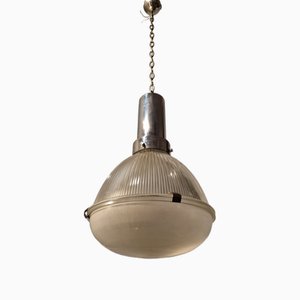 Lampada a sospensione in metallo cromato e vetro di Tito Agnoli per Oluce, anni '60