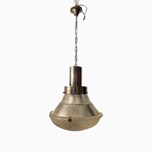 Lampada a sospensione in metallo cromato e vetro di Tito Agnoli per Oluce, anni '60