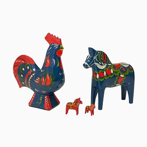 Swedish Folk Art Dala Horses and Rooster attributed to Olsson, 1960s, Set of 4