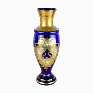 19th Century Cobalt Blue Gilt Glass Vase with Enamel Paintings, CZ. 1890s