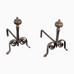 Antique Wrought Iron Andirons with Fluted Design and Bronze Finials, Set of 2