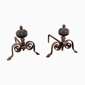 Antique Italian Wrought Iron Andirons with Hand-Carved Bronze Finials, Set of 2
