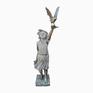 Antique Bronze Statue of Girl with Bird