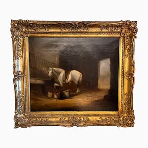 Después de William Shayer Sr., Un interior estable, década de 1800, óleo sobre lienzo, enmarcado