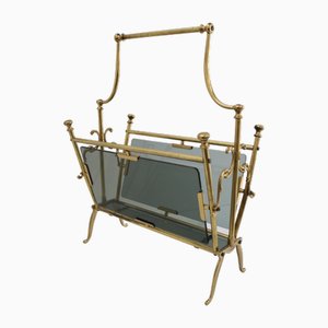 Porte-Revues Hollywood Regency en Laiton et Verre Fumé, Italie, 1950s