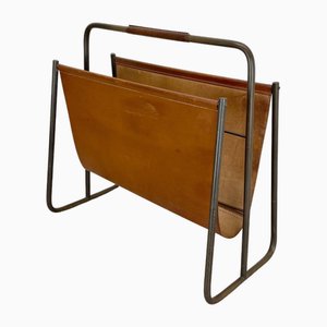 Portariviste in ottone e pelle marrone attribuito a Carl Auböck, Austria, anni '50