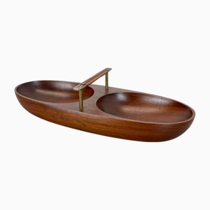 Ciotola grande in teak con manico in ottone e pelle attribuita a Carl Auböck, Austria, anni '50