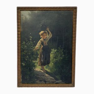 Young Girl with a Pitcher, Late 19th Century, Oil on Board, Framed