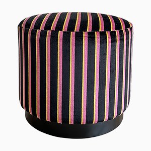 Pouf moderno in velluto nero a righe rosa e gialle, inizio XXI secolo