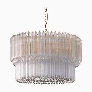 Large Chandelier in Brass E Quadrilobi in Transparent Glass Murano, 1980s