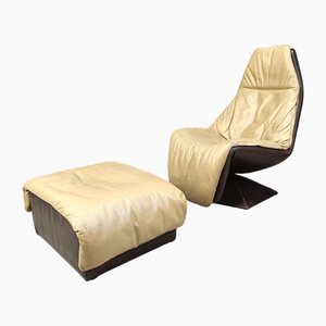 Vintage Leder Drehsessel mit Fußhocker, 1970er, 2er Set