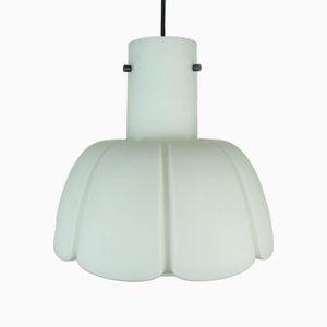 Large White Flower Shaped Opaline Glass Shade Pendant Light from Glashuette Limburg