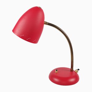 Lampe de Bureau Vintage à Col de Cygne Rouge et Laiton, Pays-Bas, 1950s