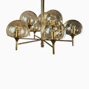 Lampadario Mid-Century in ottone e vetro fumé