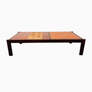 Vintage Coffee Table in Dark Wood and Ceramic from Vallauris, 1960s