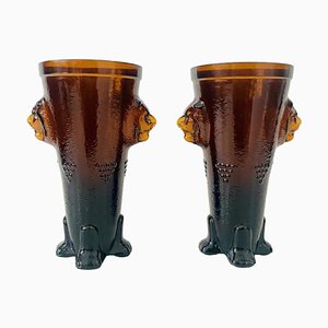 Mid-Century Lion Vases Set in Amber Ocher Glass, 1970s, Set of 2