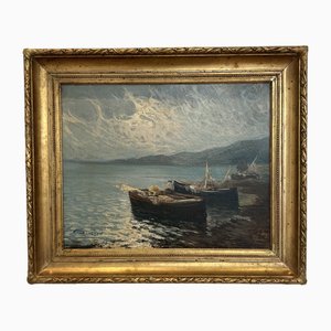 Arnaldo De Lisio, Pêcheurs le long de la Côte, Olio su tela, Con cornice