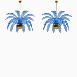 Lámpara de araña Mid-Century moderna con hojas de palma de cristal de Murano y latón, años 70