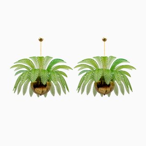 Large Mid-Century Modern Palm Leaves Chandeliers in Murano Glass and Brass, 1970s, Set of 2
