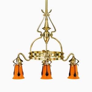 Antique Chandelier with Loetz Glass Shades, 1910