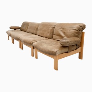 Mid-Century Wood & Leather Modular Sofa & Coffee Table, Set of 5
