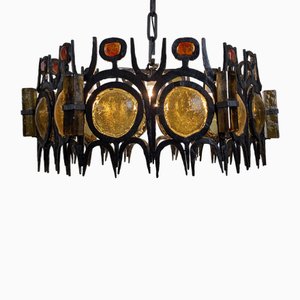 Kronleuchter Skulptur Lampe aus Schmiedeeisen & mundgeblasenem Glas, 1950er