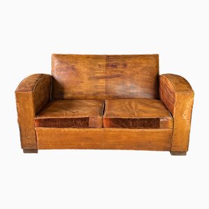Antikes französisches Club 2-Sitzer Ledersofa