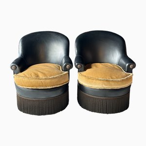 Set of French Black Leather Cocktail Chairs with Deep Gold Fringing, 1940s