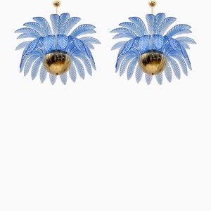 Mid-Century Modern Palm Leaves Big Chandelier in Murano Glass and Brass, 1970s