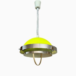 Vintage Space Age Neon Yellow Pendant Light in Gloss Oak, Yugoslavia, 1960s
