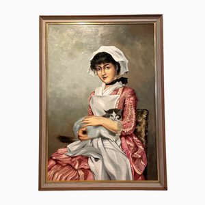 Ecole Européenne, Portrait de Dame au Chat, Milieu du XXe Siècle, Huile sur Panneau