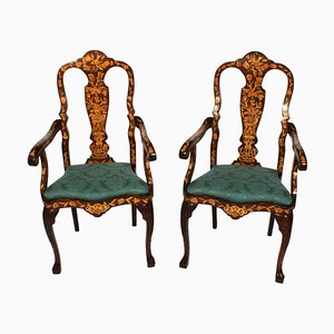 Antique Dutch Marquetry Walnut High Back Armchairs, Late 18th Century, Set of 2