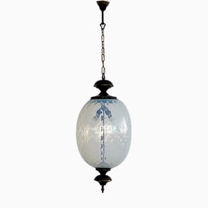Lampe à Suspension en Laiton et Verre de Murano Texturé Opalin, Italie, 1970