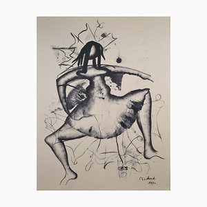 László Mindszenti, Figur, Tusche auf Papier auf Karton, 1972