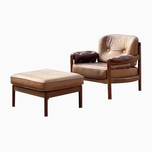 Set of Leather Lounge Chair with Footstool, 1960s