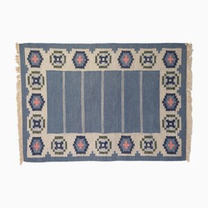 Mid-Century Swedish Kilim in Blue and Cream, 1960