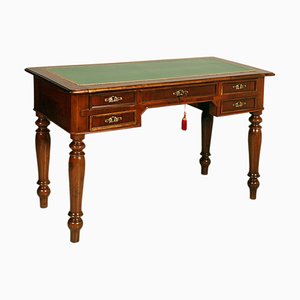 19th Century Louis Philippe Walnut Desk with Green Leather Top, Italy, 1850s