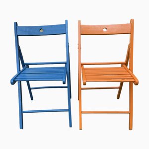 Sedie vintage dipinte di blu e arancione, set di 2